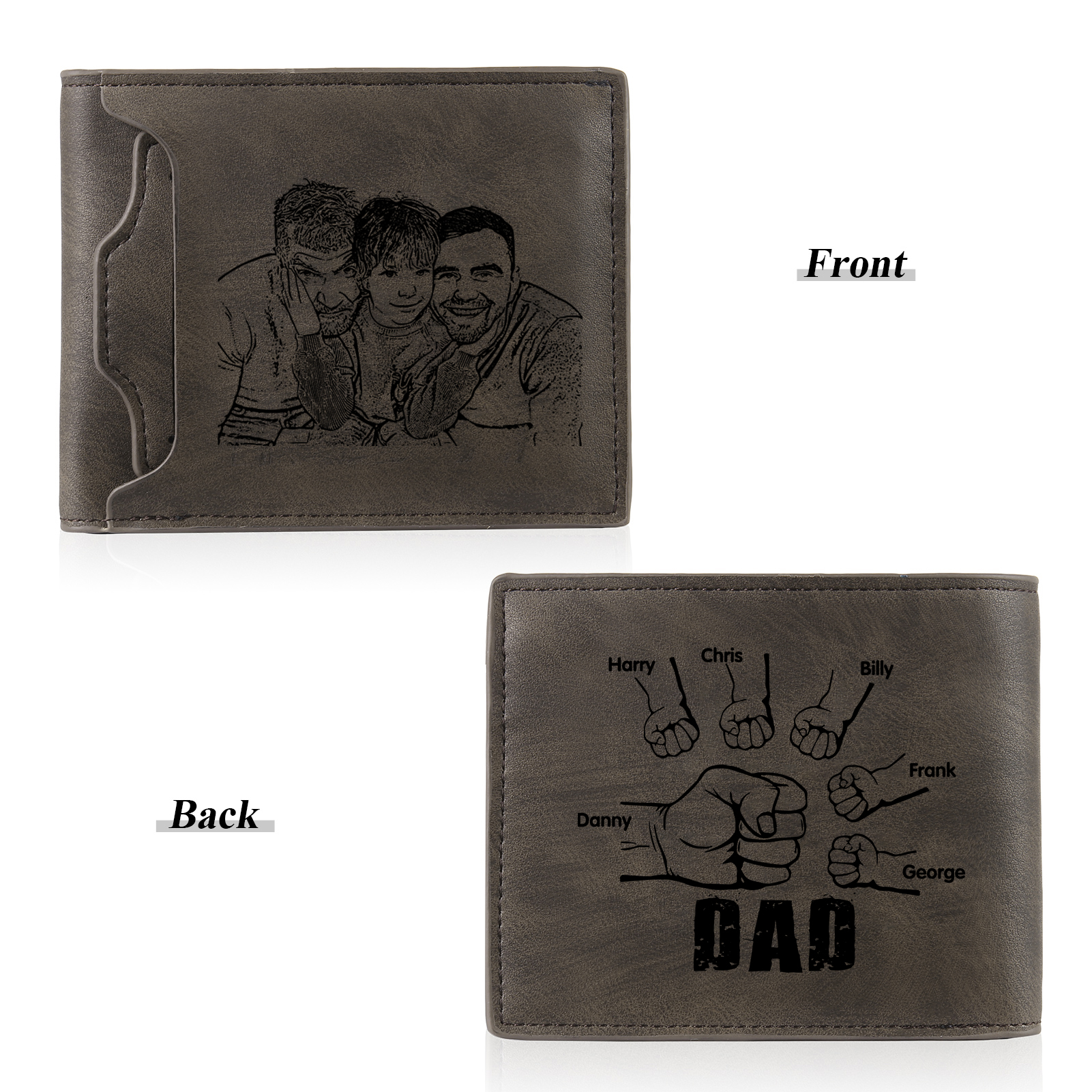 6 Names - Personalized Photo Custom Leather Men's Folding Wallet as a Father's Day Gift for Dad