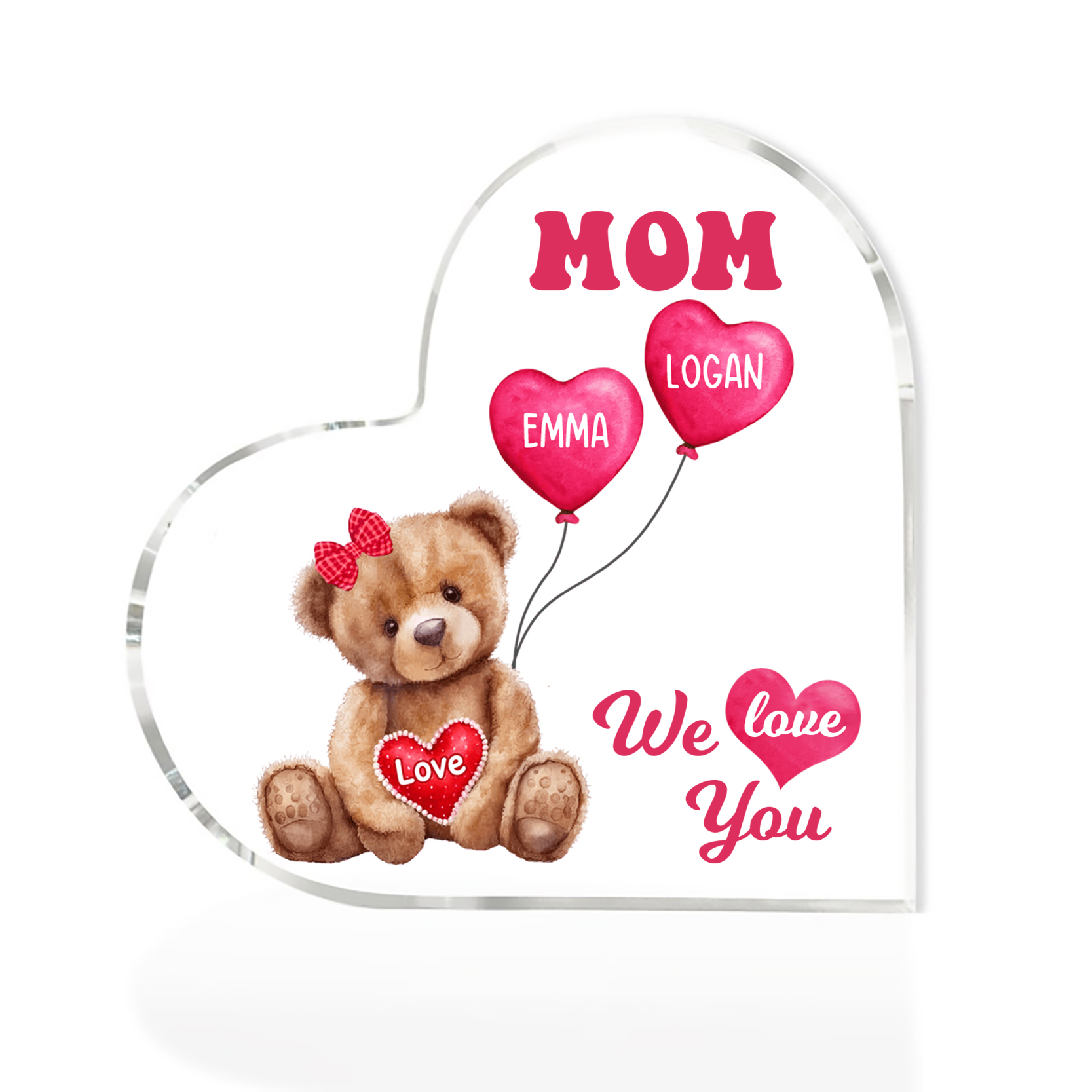 2 Names-Personalized Bear Acrylic Heart Keepsake Custom Text Acrylic Plaque Ornaments Gifts for Mom