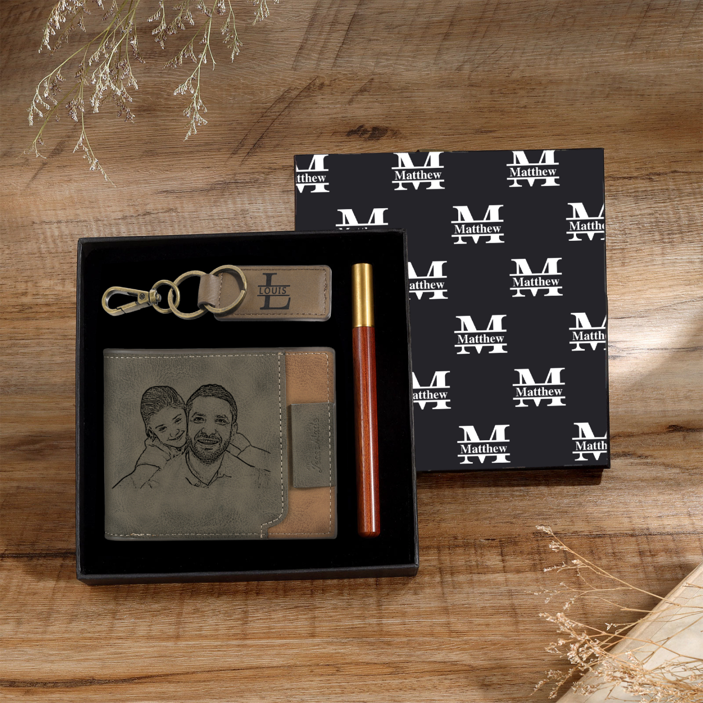 Personalized Leather Wallet Gift Box Set with Letter Name Keychain Customizable Photo Wallet Gift for Him