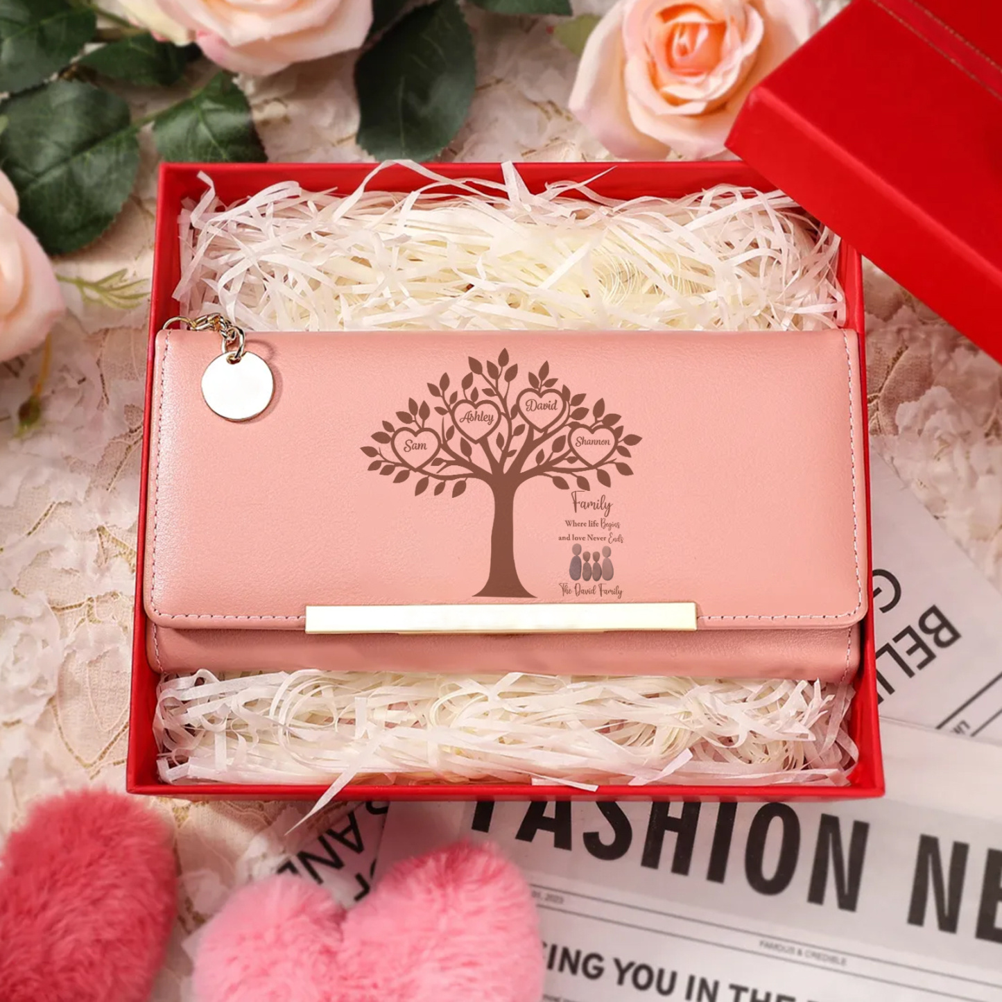 Personalized 2–6 Name Pebble Family Tree Pink Leather Wallet for Mom