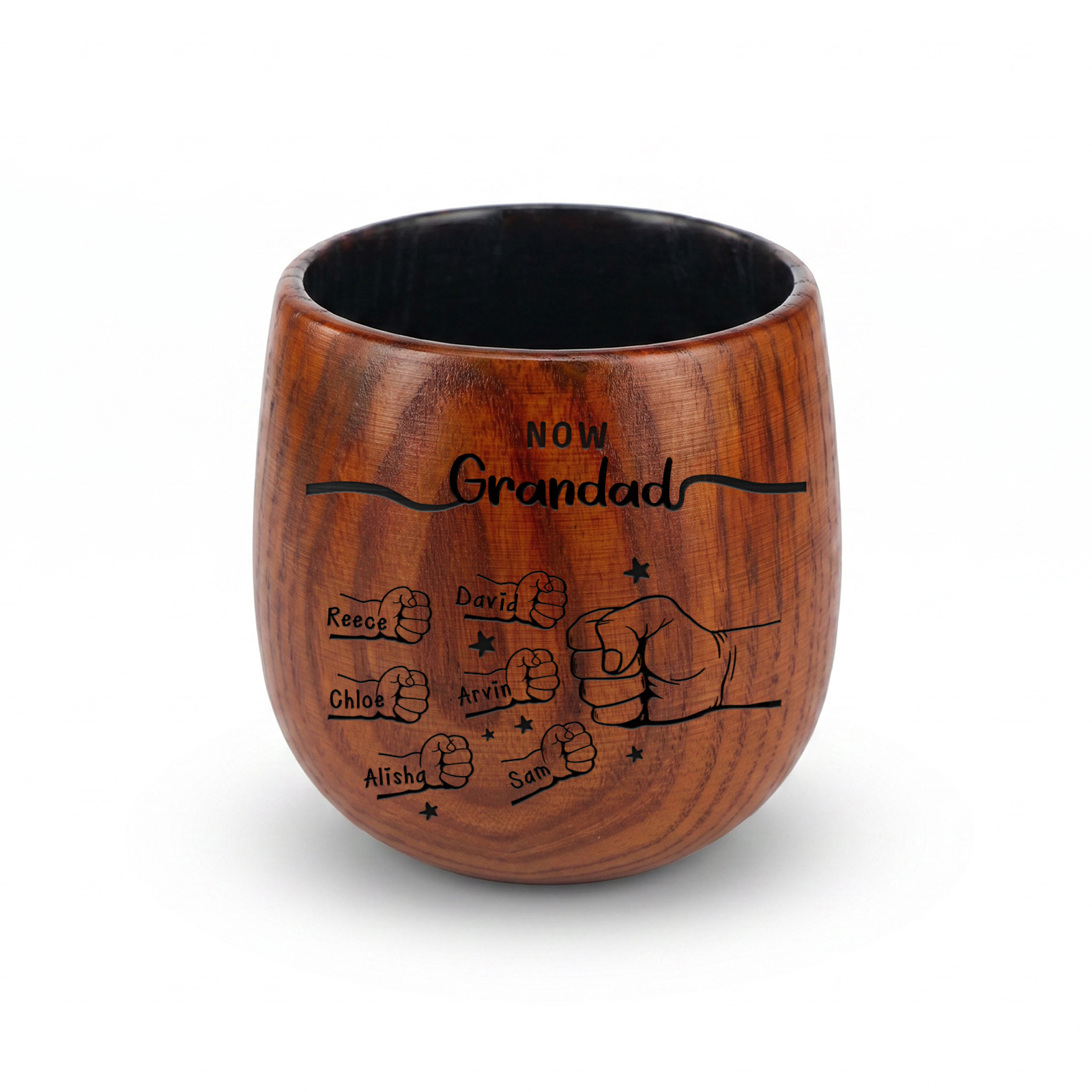Personalized Wooden Whiskey Cup for Dad Grandpa Customized with 2-12 Names and Fist Bumps