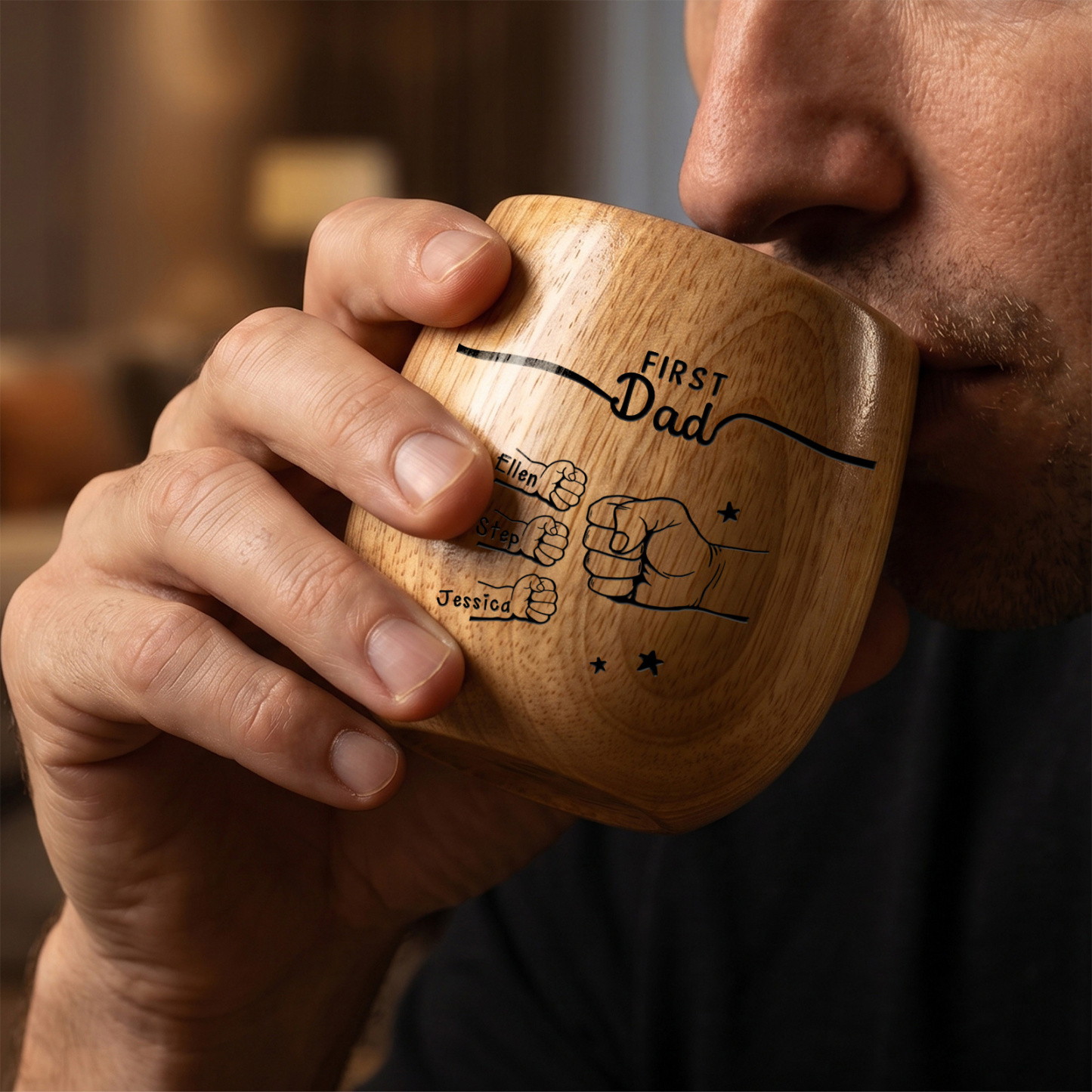 Personalized Wooden Whiskey Cup for Dad Grandpa Customized with 2-12 Names and Fist Bumps