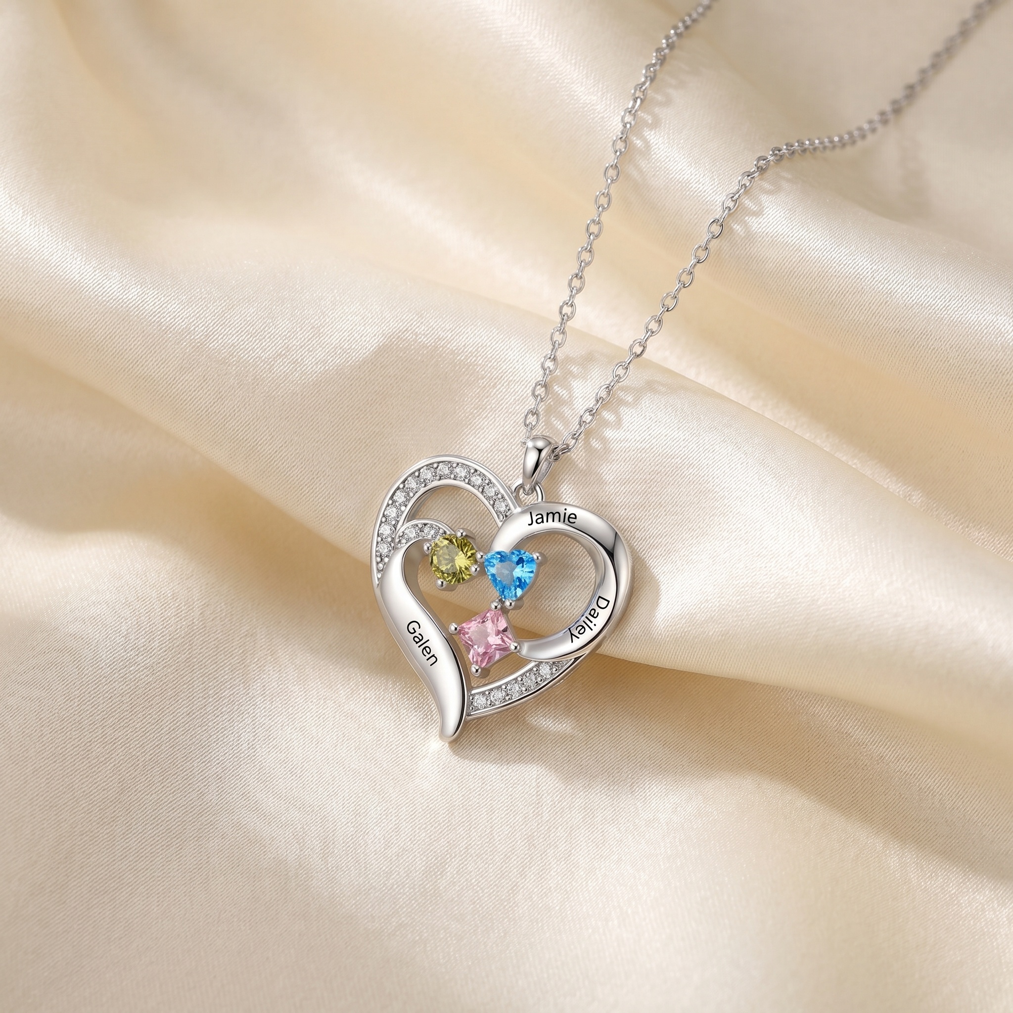 Personalized Double Heart Birthstone Necklace Customized with 1-5 Names