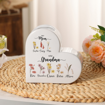 Personalized Ceramic Heart Vase First Mom, Now Grandma Custom with 2 to 10 Names and Birth Flowers – Mother’s Day or Birthday Gift for Grandma or Mom | Jessemade