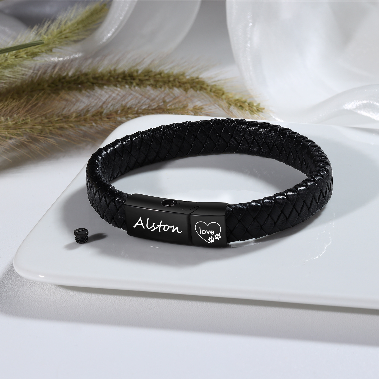 Personalized Braided Leather Memorial Bracelet Pet Ashes Keepsake Bracelet