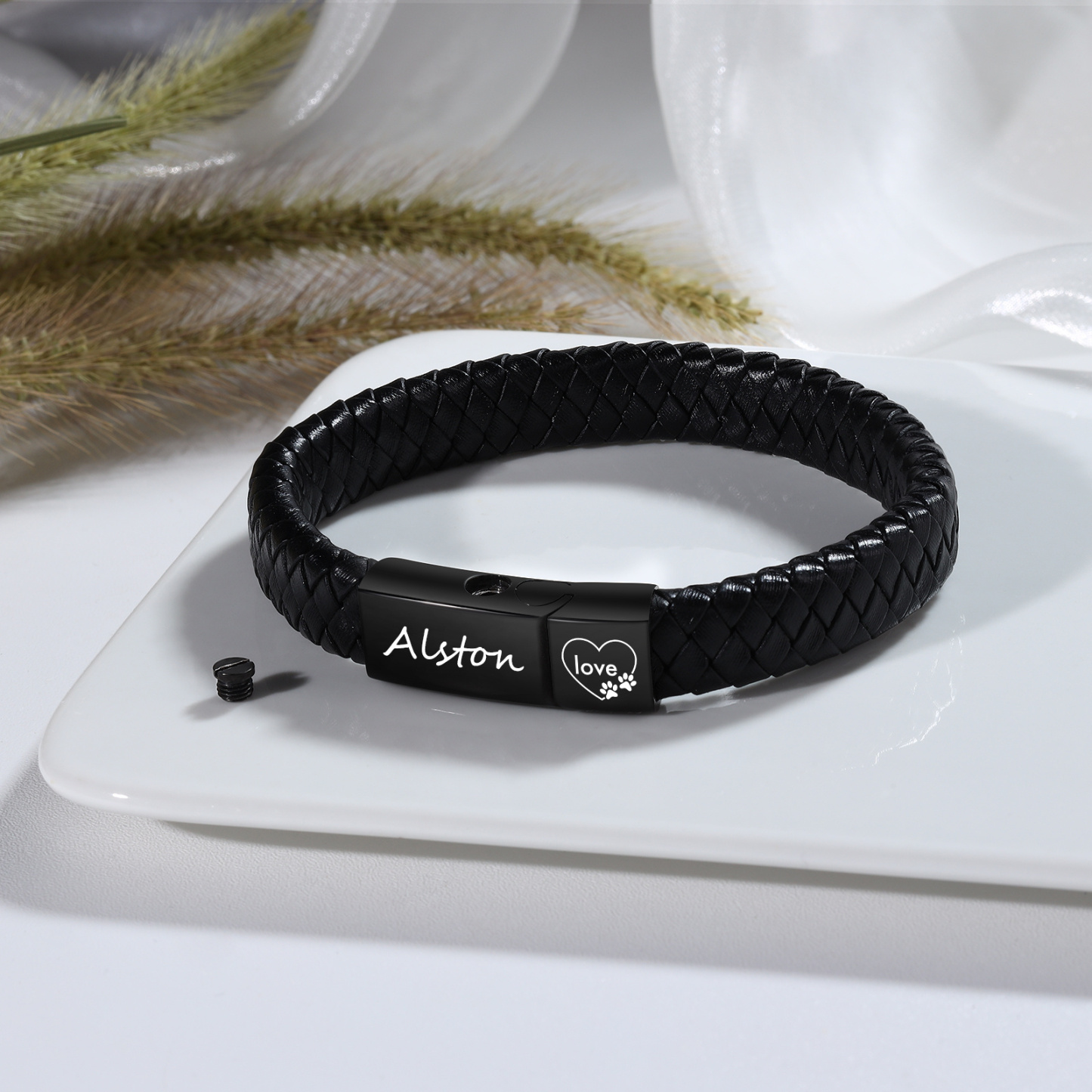 Personalized Braided Leather Memorial Bracelet Pet Ashes Keepsake Bracelet