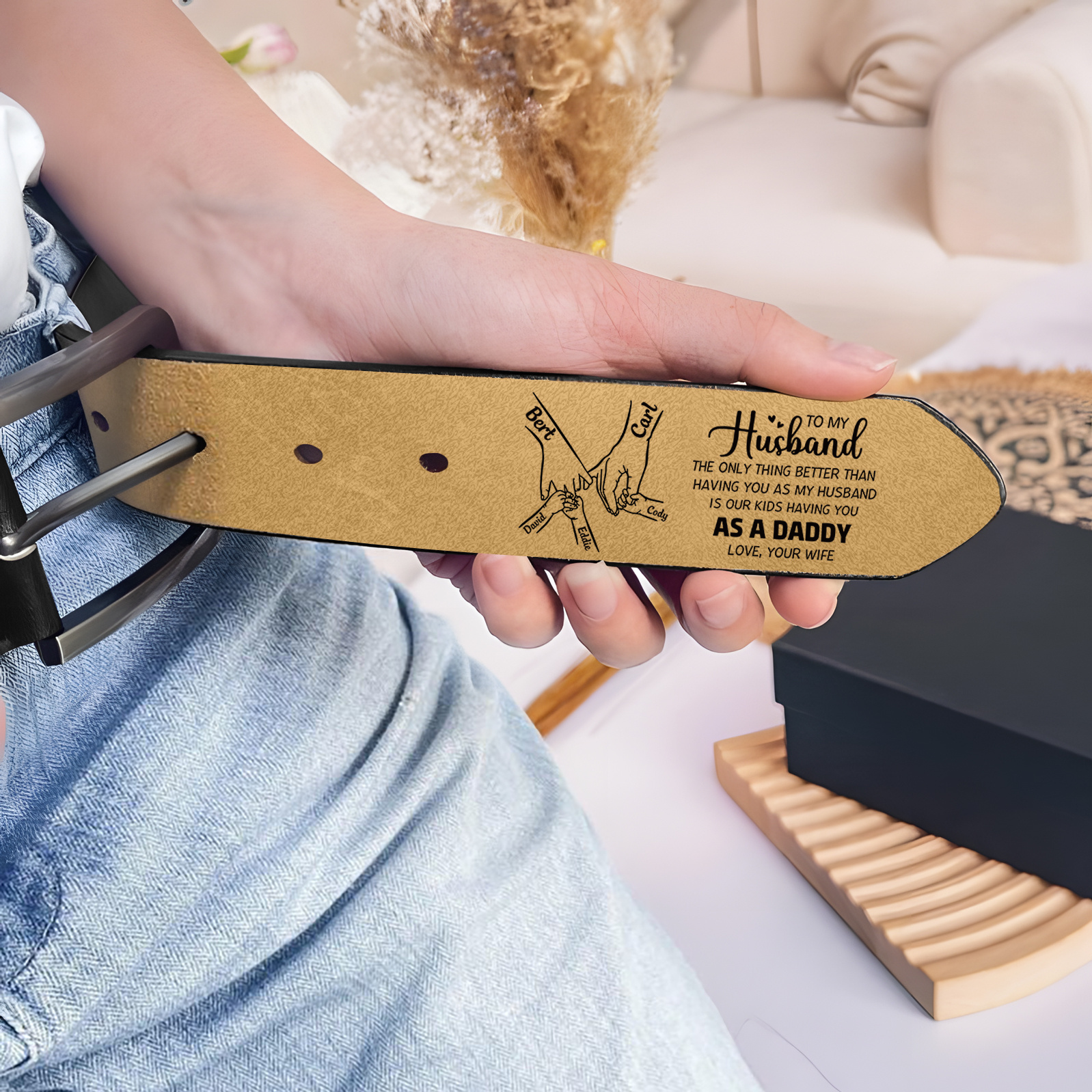 Personalized Leather Belt for Husband Dad Family Holding Hand with Engraved 3-8 Names