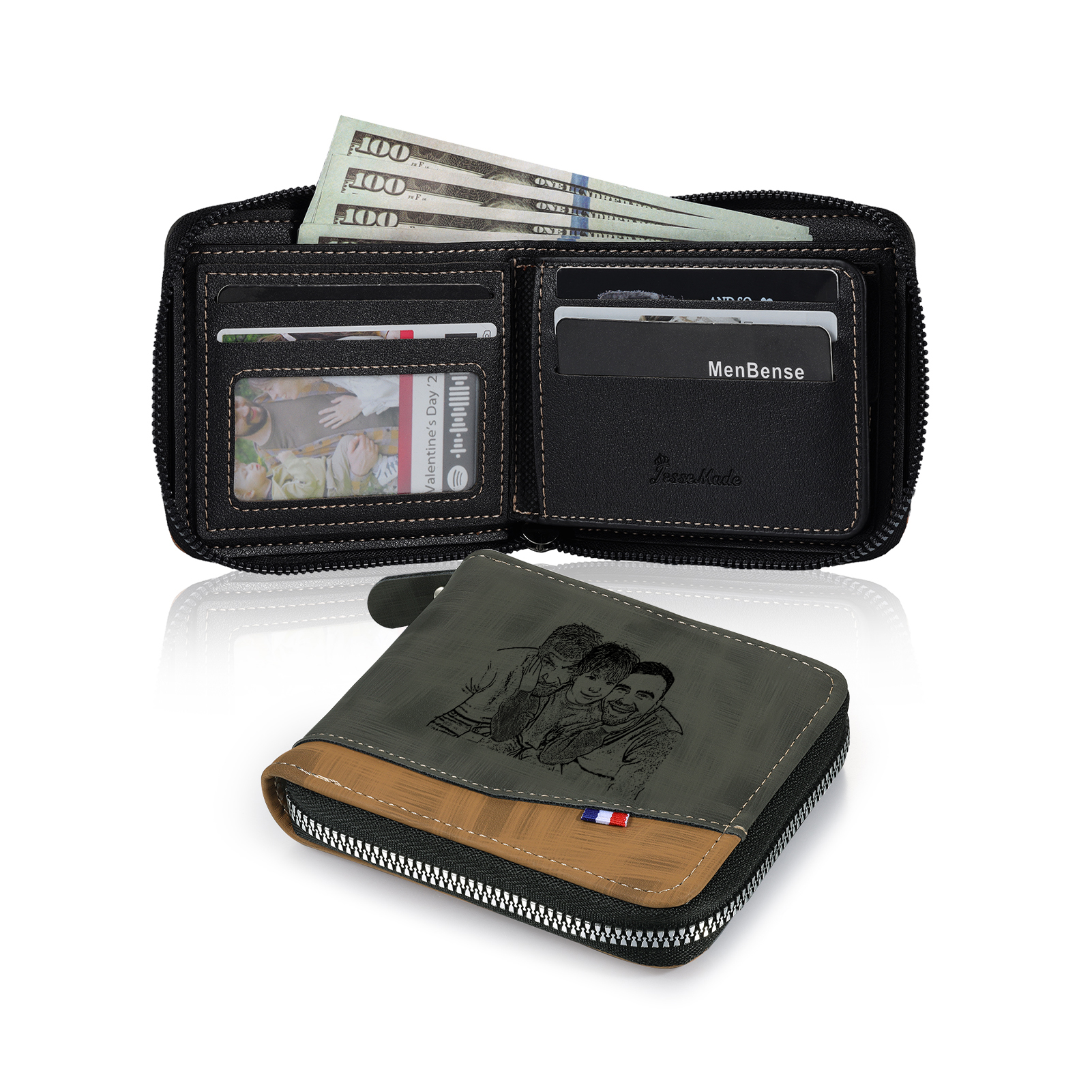 7 Names - Personalized Photo Custom Leather Men's Zipper Wallet as a Father's Day Gift for Dad