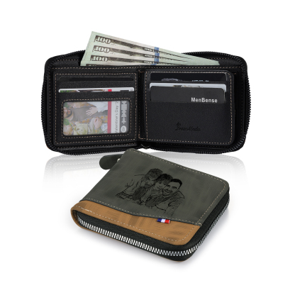 7 Names - Personalized Photo Custom Leather Men's Zipper Wallet as a Father's Day Gift for Dad