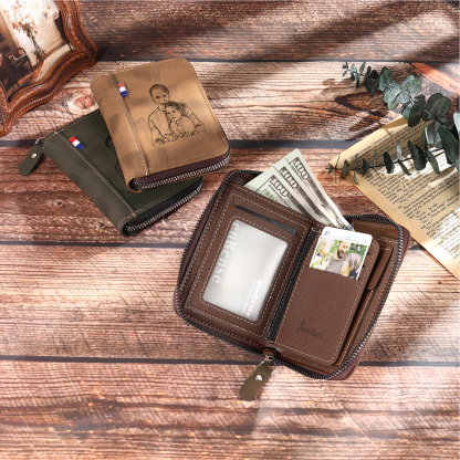 4 Names - Personalized Photo Text Custom Leather Men's Wallet Custom Name Zipper Wallet for Dad