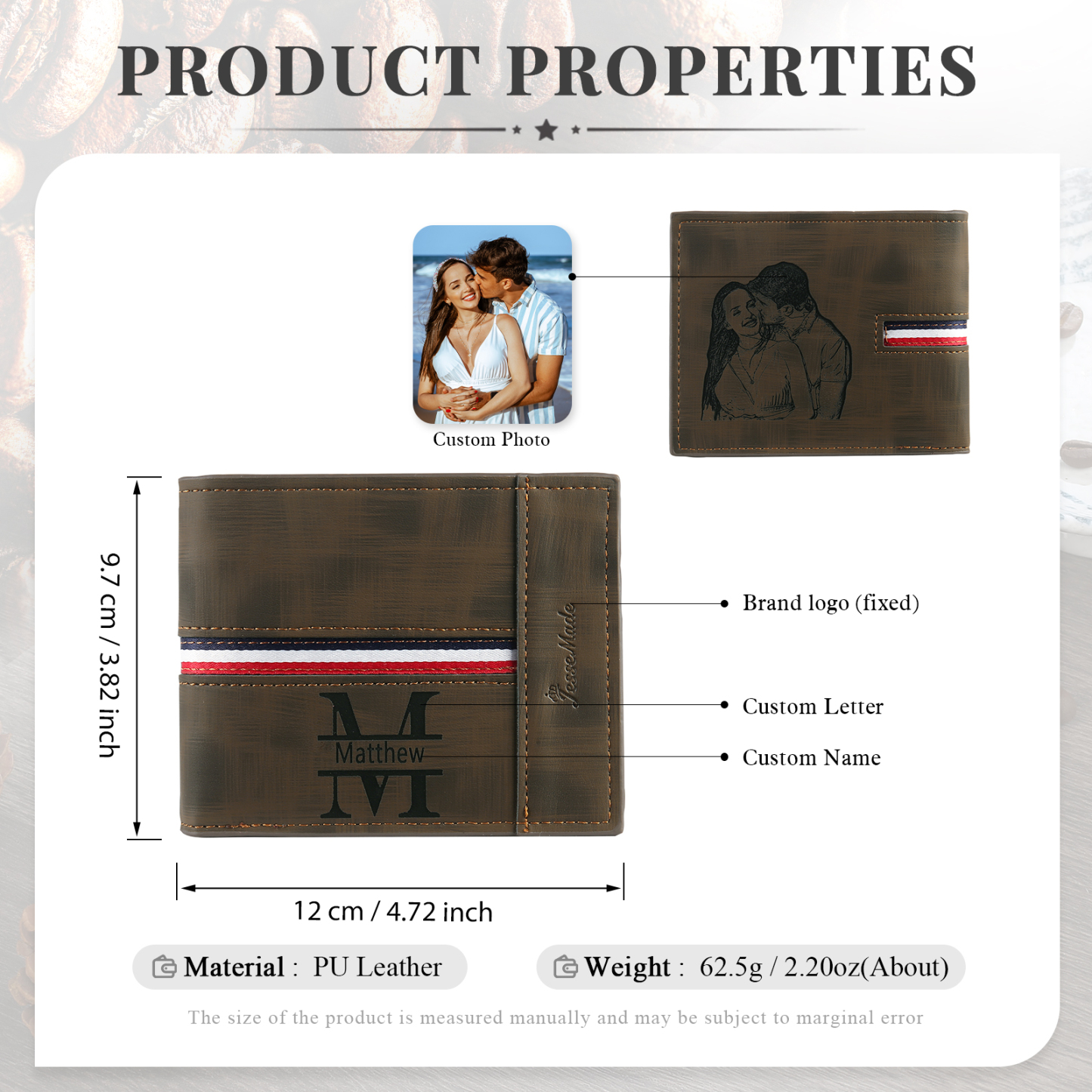 Personalized Name Leather Men's Wallet With Card Slot Engraved Name & Letter & Photo Christmas Gift For Him | Jessemade