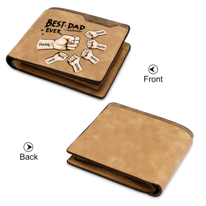 6 Names - Personalized Fist Bump Pattern Custom Text Leather Men's Wallet as a Father's Day Gift for Dad