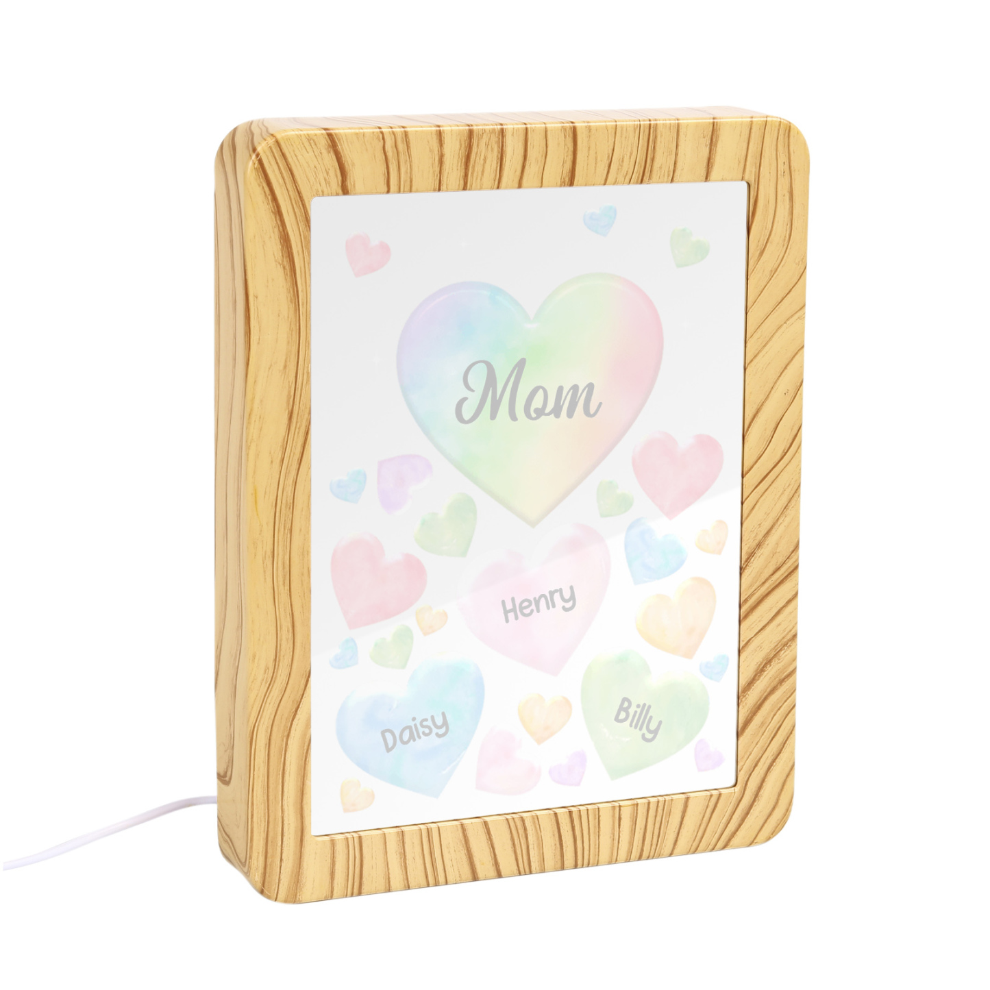 3 Names - Personalized Mom Home Wood Color Plug-in Mirror Photo Frame Custom Text LED Night Light Gift for Mom