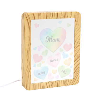 3 Names - Personalized Mom Home Wood Color Plug-in Mirror Photo Frame Custom Text LED Night Light Gift for Mom