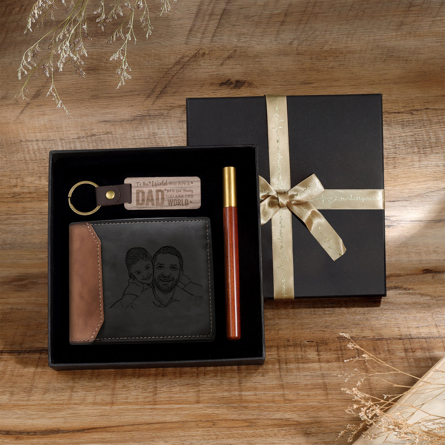 Personalized Leather Wallet Gift Box Set Keychain, Customizable Photo Name Letter Wallet Gift for Dad