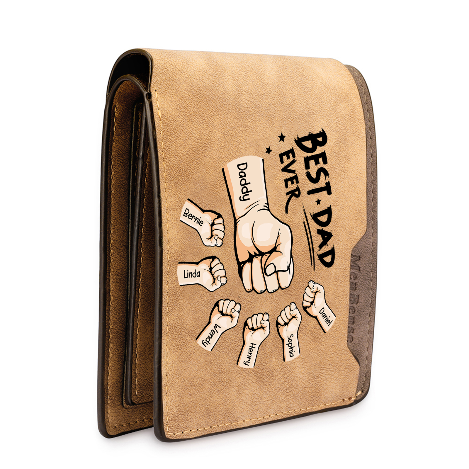 7 Names - Personalized Fist Bump Pattern Custom Text Leather Men's Wallet as a Father's Day Gift for Dad