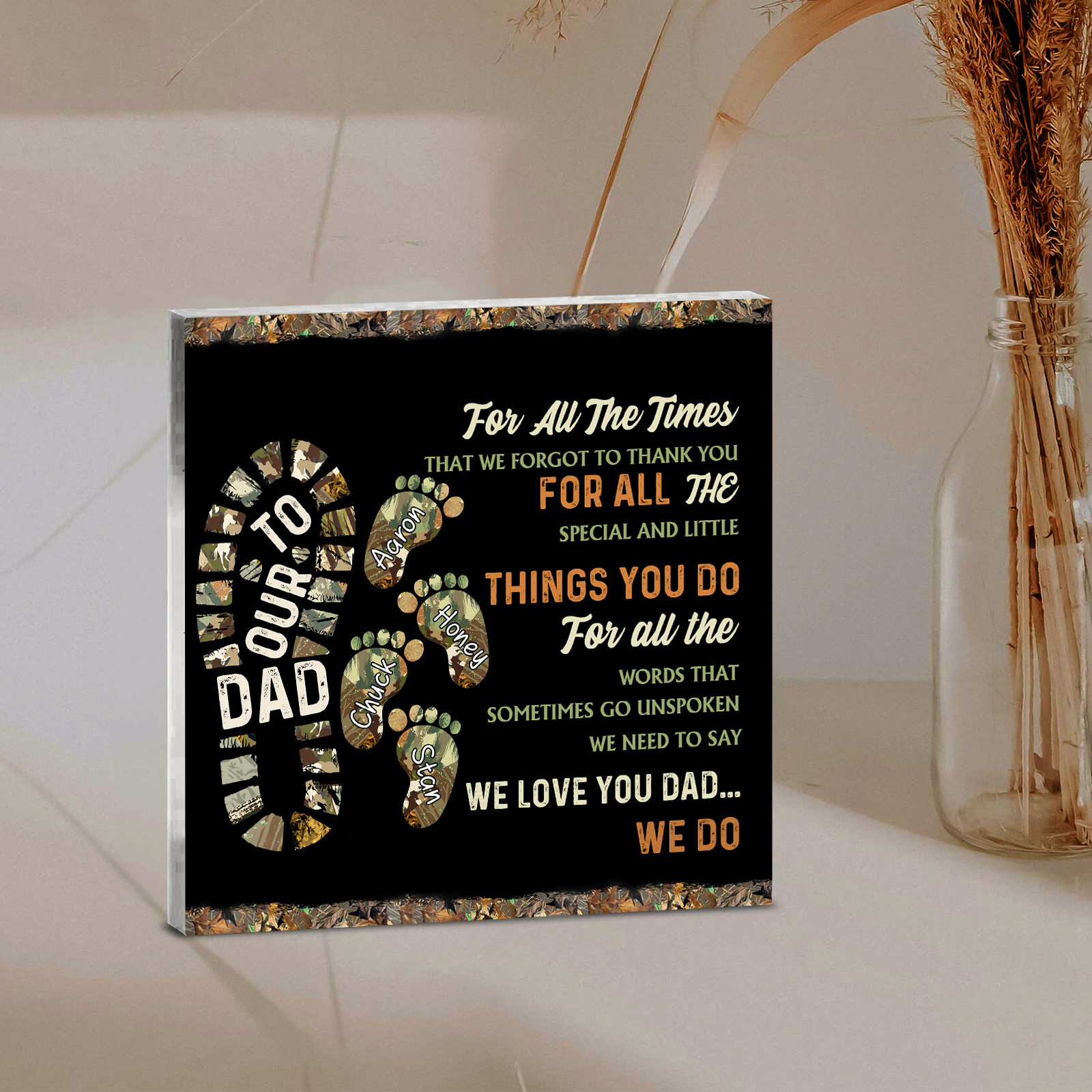 4 Names - Personalized Footprint Pattern Family Acrylic Keepsake Customized Name Acrylic Home Decor Gift for Dad