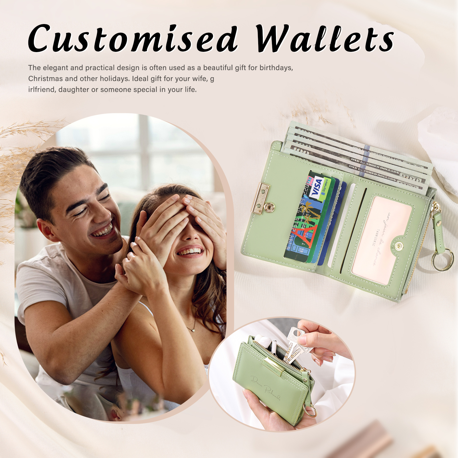 Personalized Photo And Text Pu Leather Zipper Wallet Coin Purse Three Colors Optional Gift For Women