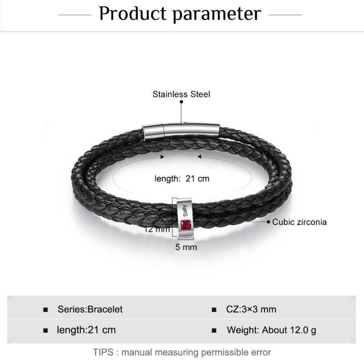 Personalized 3 Layer Leather Bracelet with 1 Bead Engraved Names Men's Bracelets for Him