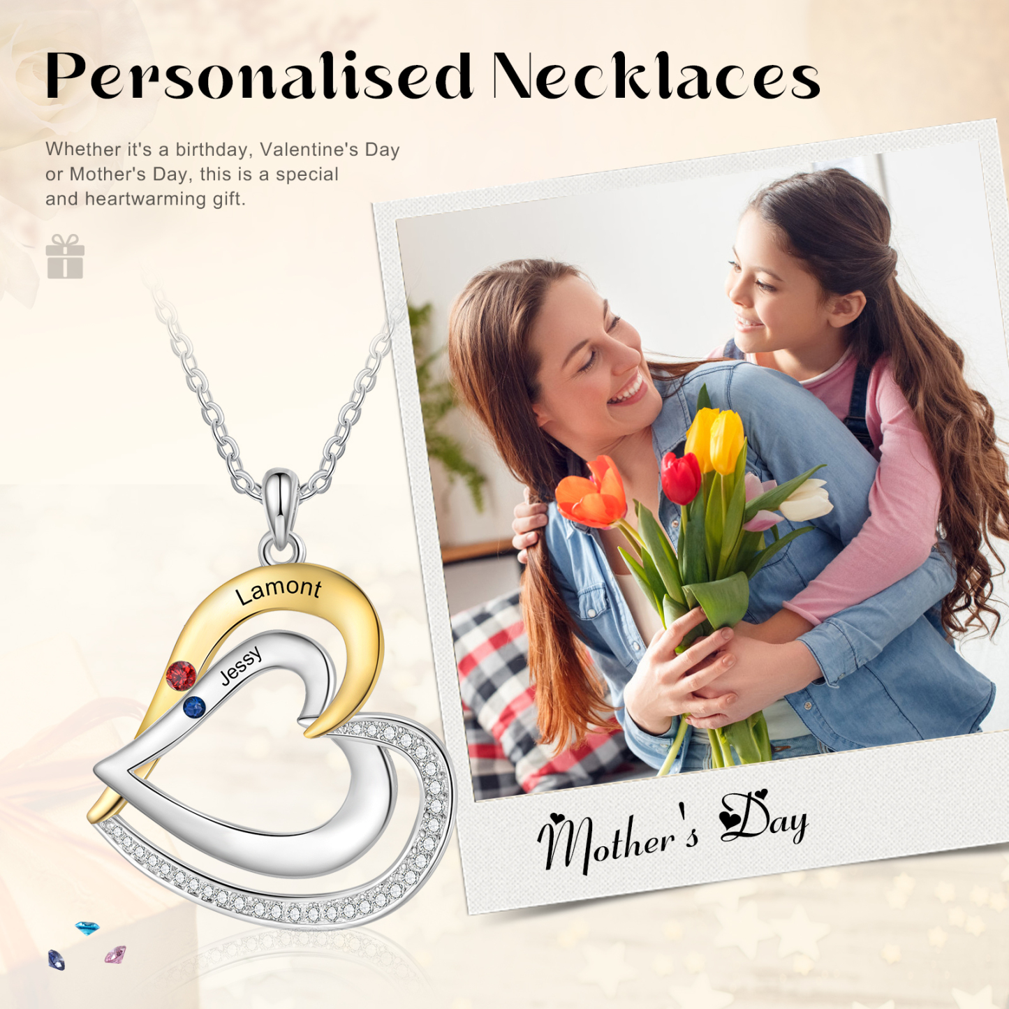 2 Names - Personalized Special Heart Necklace S925 Silver with Birthstone and Name Beautiful Gift for Her