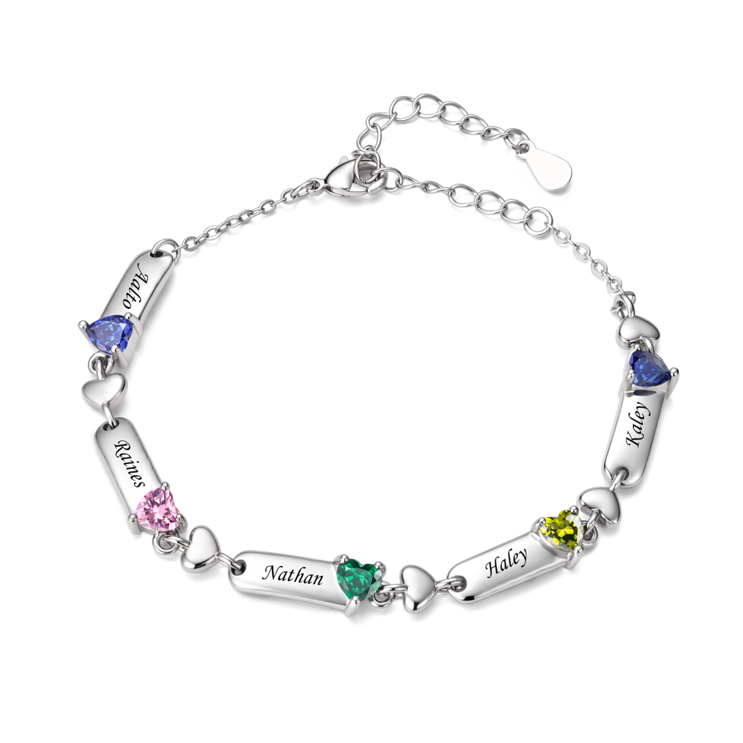 Personalized Birthstones Bracelet Customized With 1-6 Names And Heart-Shaped Stones Gift For Mom Or Grandma