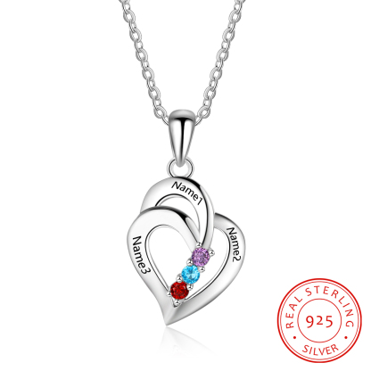 Personalized Heart S925 Necklace With 3 Birthstones Engraved Names Gift For Her