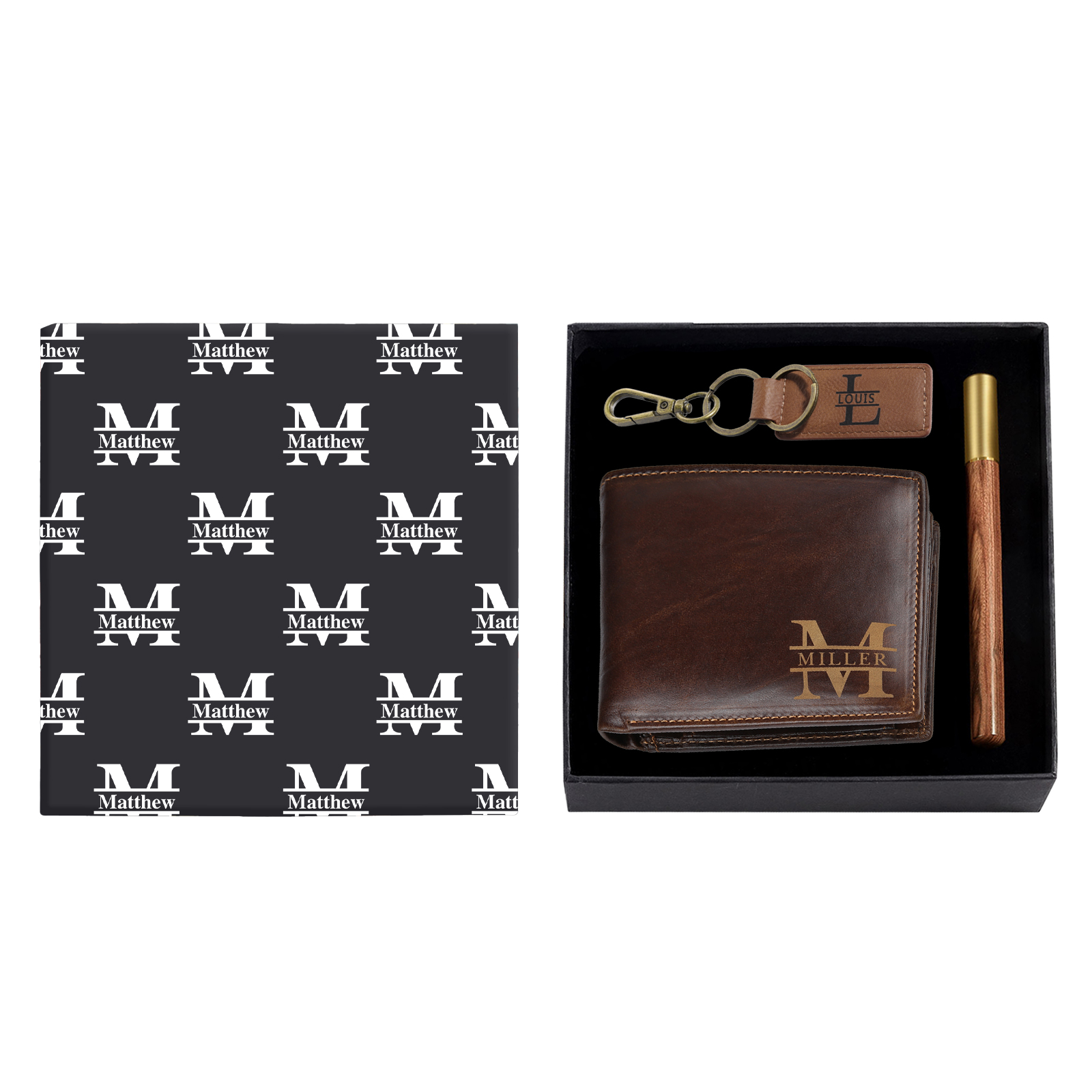 Personalized Leather Wallet Gift Box Set with Letter Name Keychain Customizable Text Wallet Gift for Him