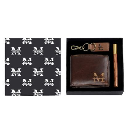 Personalized Leather Wallet Gift Box Set with Letter Name Keychain Customizable Text Wallet Gift for Him