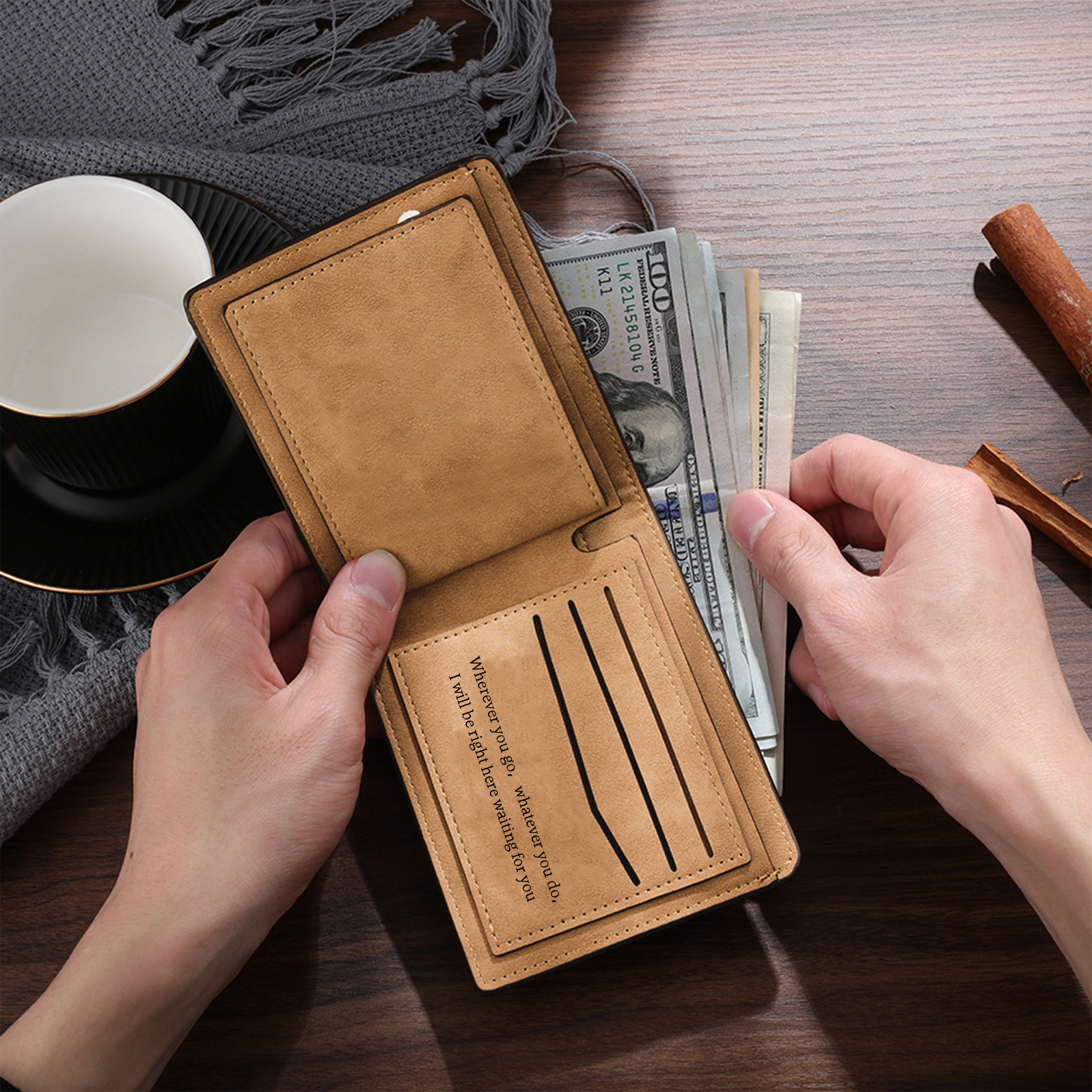 Personalized Photo Leather Men's Wallet Customized Name Letter Folding Brown Wallet For Couple