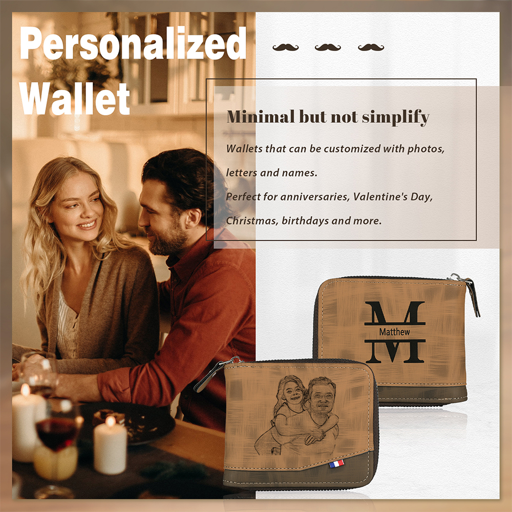 Photo Personalized Leather Zipper Men's Wallet Customized Name Letter Folding Wallet Three Colors Available with Gift Box for Dad