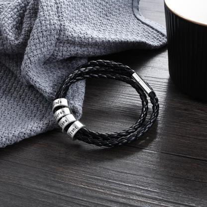 Mens Leather Braided Bracelet With 4 Custom Beads Engarved 4 Names Personalized Bracelet Black