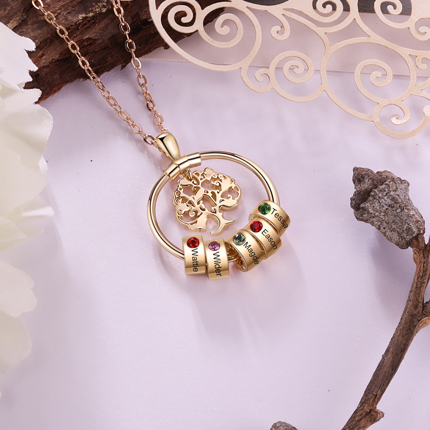 Personalized Family Tree Necklace With 5 Birthstone & 5 Name & Bracelet with 5 Name Gift Set Christmas Gift for Family | Jessemade