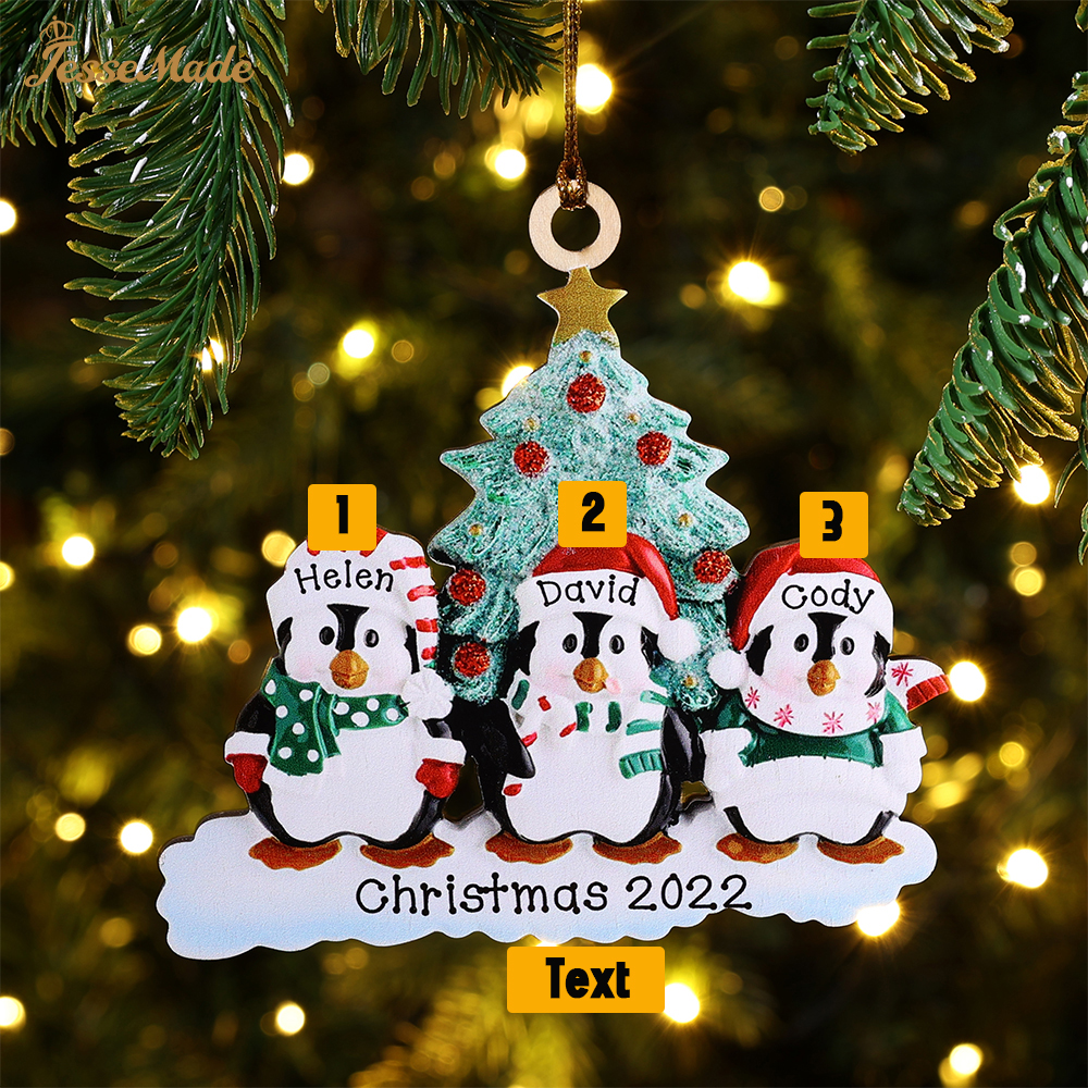 3 Names-Personalized Family Wooden Christmas Ornament-Custom 3 Names Hanging Ornament Gifts For Family-Winter Penguin Family