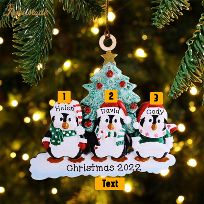 3 Names-Personalized Family Wooden Christmas Ornament-Custom 3 Names Hanging Ornament Gifts For Family-Winter Penguin Family