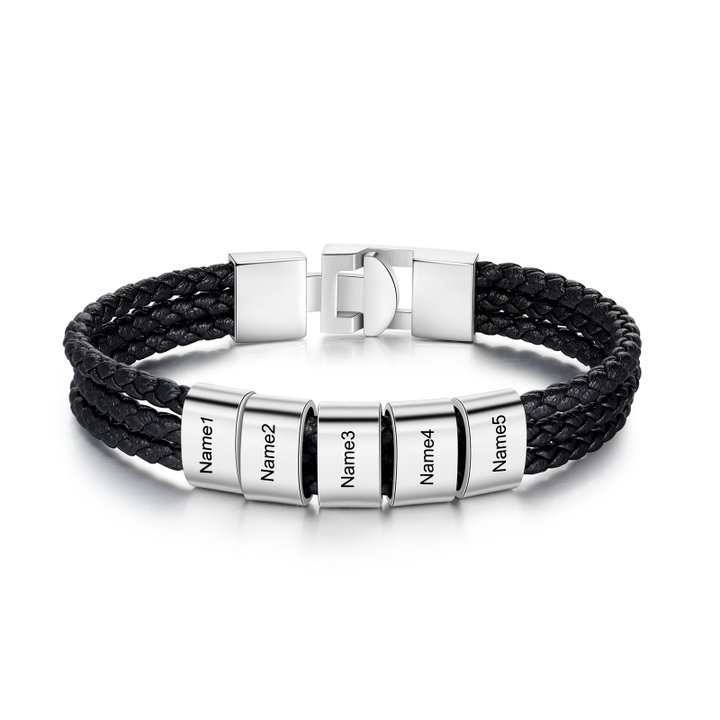 Personalized Braided Leather Bracelet Engraved 5 Names Men's Bracelet Gifts For Him