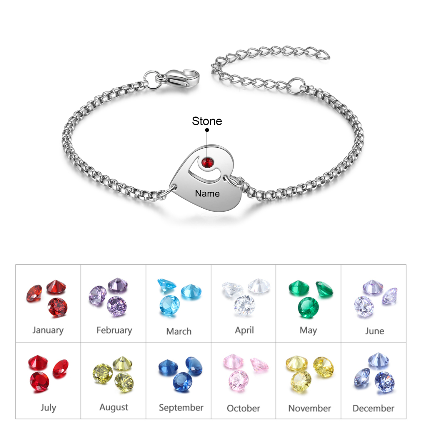1 Name-Personalized Heart Bracelet With Birthstones Set With Gift Box Custom 1 Name Family Bracelet Gifts for Her