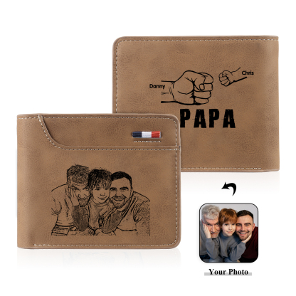 2-Names Personalized Leather Men's wallet With Card Slot Engraved With Name And Photo For Papa As a Father's Day Unique Gift