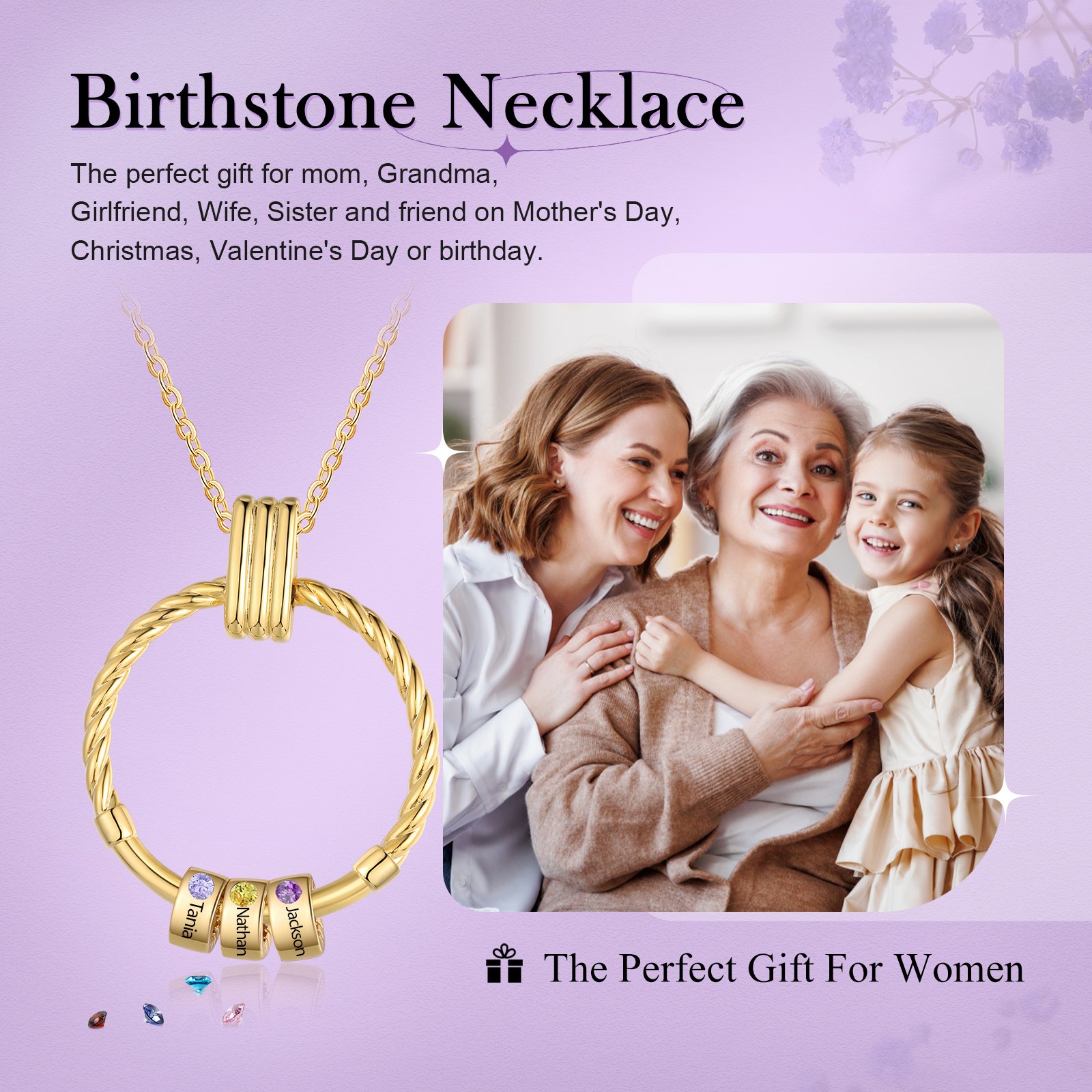 3 Names - Personalized Round Pendant Necklace Customized Name Gift for Her