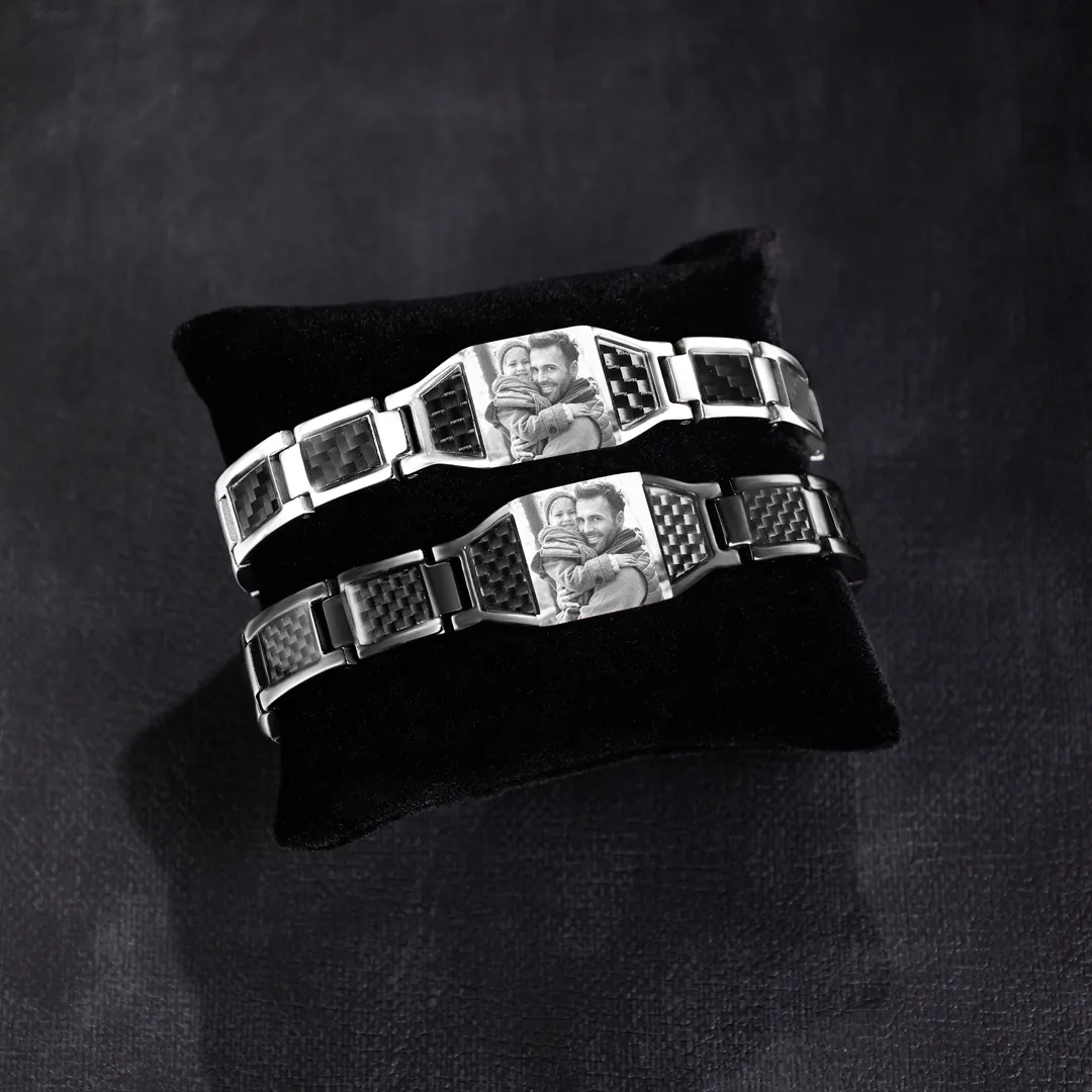 To My Man Personalized Carbon Fiber Energy Bracelet Gift Set, Custom Photo ID Bar Men's Bracelet Bangle Gifts For Him | Jessemade