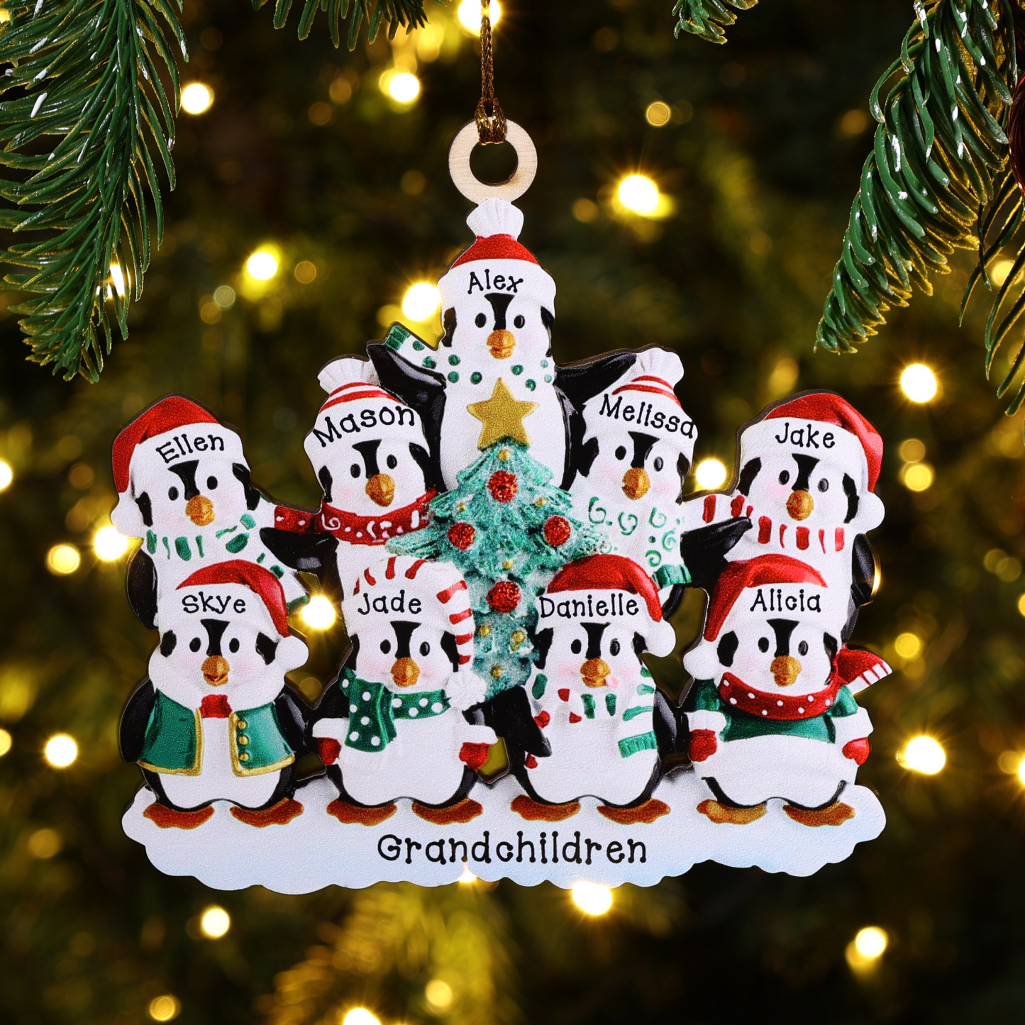 9 Names-Personalized Family Wooden Christmas Ornament-Custom 8 Names Hanging Ornament Gifts For Family-Winter Penguin Family
