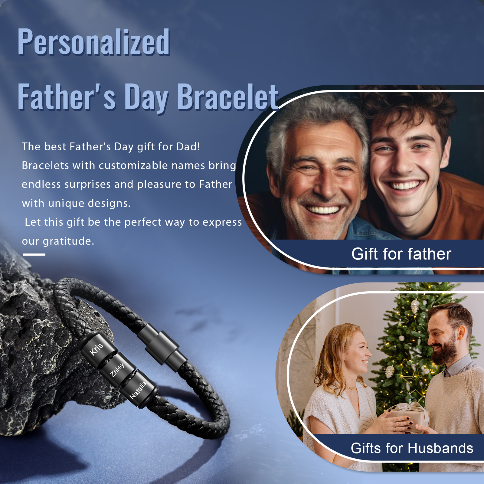 Personalized Men's Bead Bracelet with Custom 3 Names Personalized Gift for Him | Jessmade 