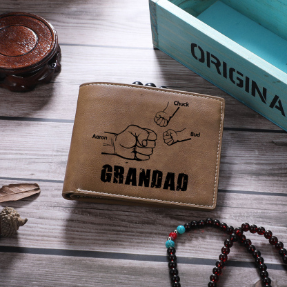 3 Names-Personalized Leather Men Wallet Engraved 3 Names Fist Bump Folding Wallet Gift For Grandad