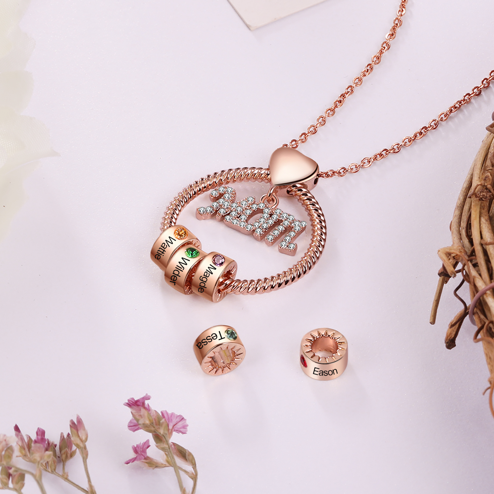 4 Names-Personalized Necklace With 4 Birthstones Engraved Names Gift For Mother