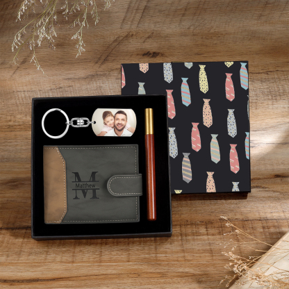 Personalized Leather Wallet Gift Box Set with Keychain Customizable Photo Letter and Name Wallet Gift for Dad