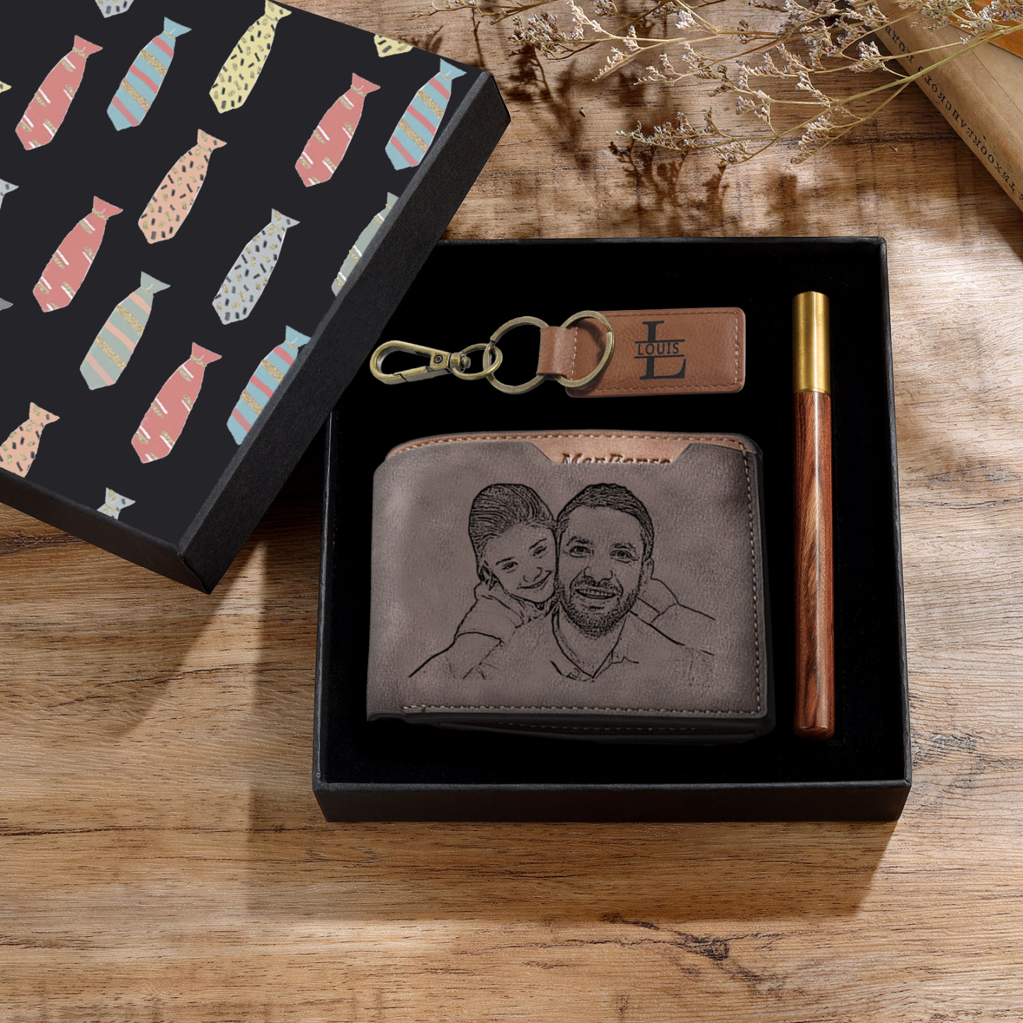 Personalized Leather Wallet Gift Box Set with Letter Name Keychain Customizable Photo and Text Wallet Gift for Him