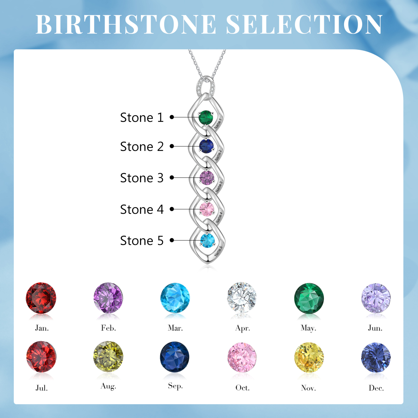 5 Names - Personalized Birthstone Necklace With Name Engraved For A Special Gift For Mom/Grandma