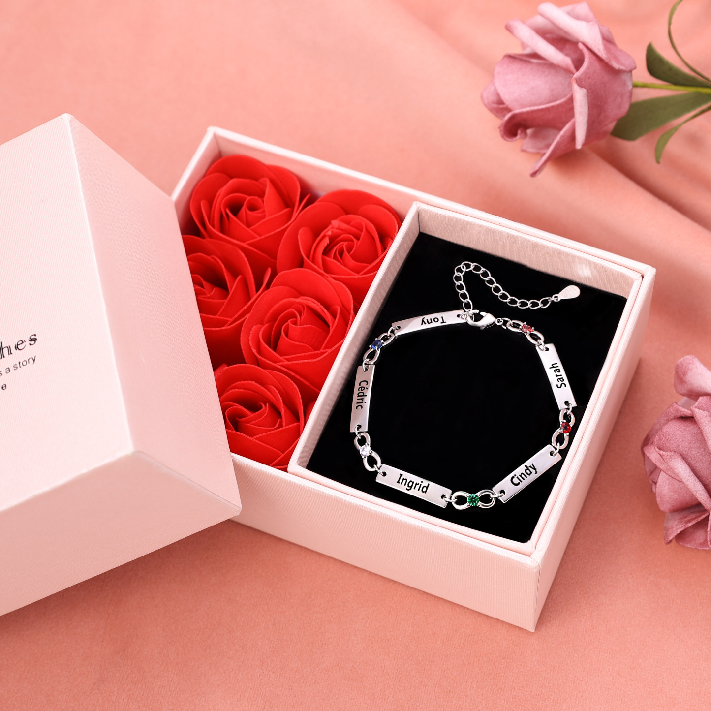1-6 Name-Personalized Infinity Bracelet With Rose Gifft Box, Custom Bracelet With 1 Birthstone Engraved Names Bracelet Gift For Women