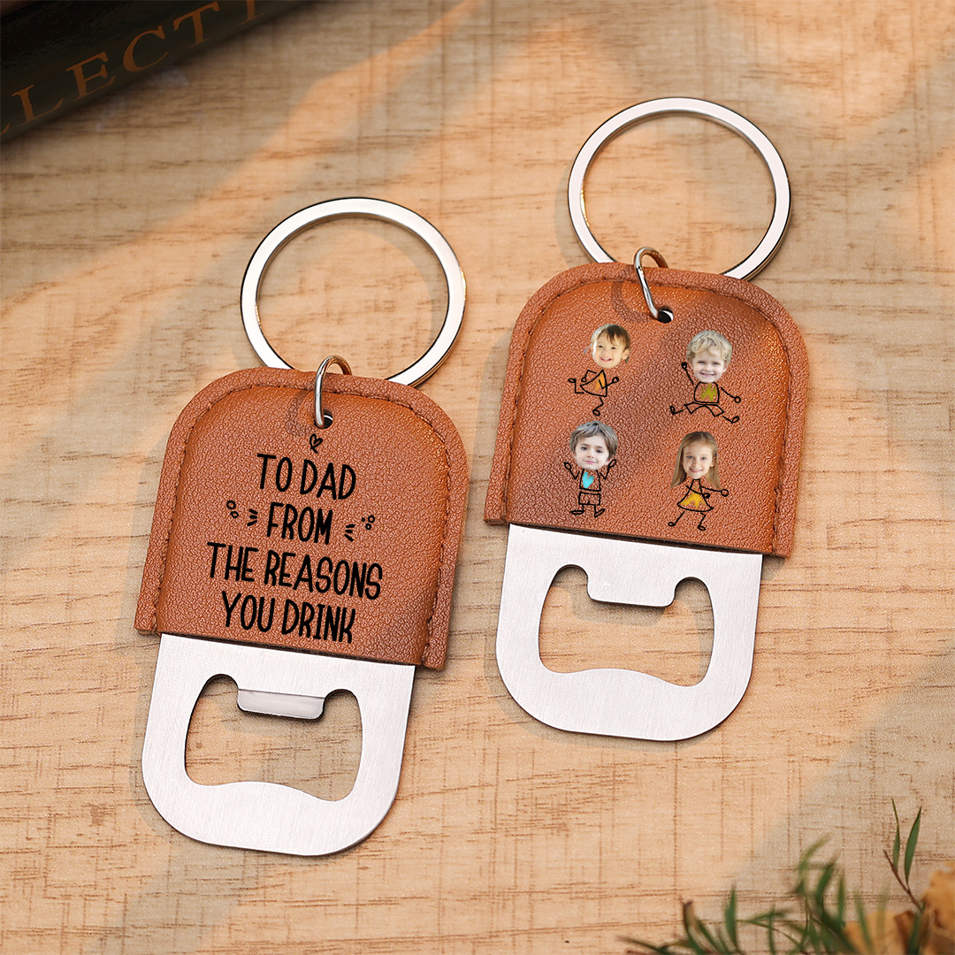 Personalized Leather Keychain With Bottle Opener For Dad Customized With 1–6 Children’s Names And Photo