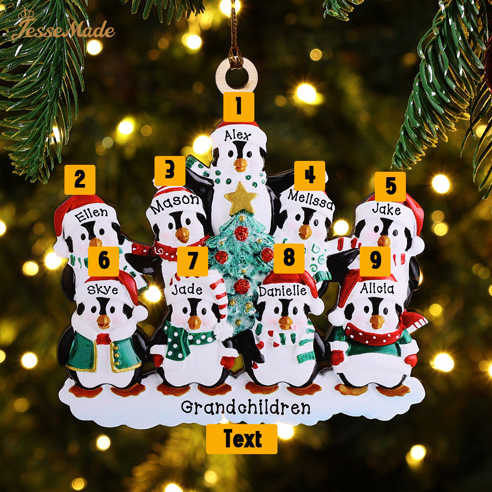 9 Names-Personalized Family Wooden Christmas Ornament-Custom 8 Names Hanging Ornament Gifts For Family-Winter Penguin Family