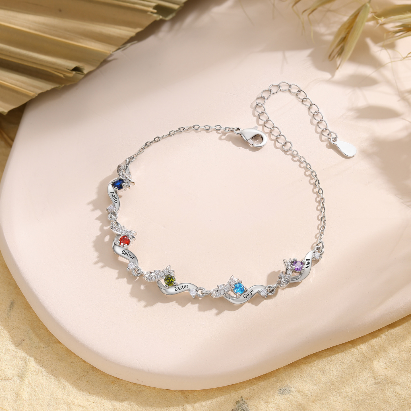 Personalized Ribbon Bracelet Custom with 2–5 Birthstone and Name for Women